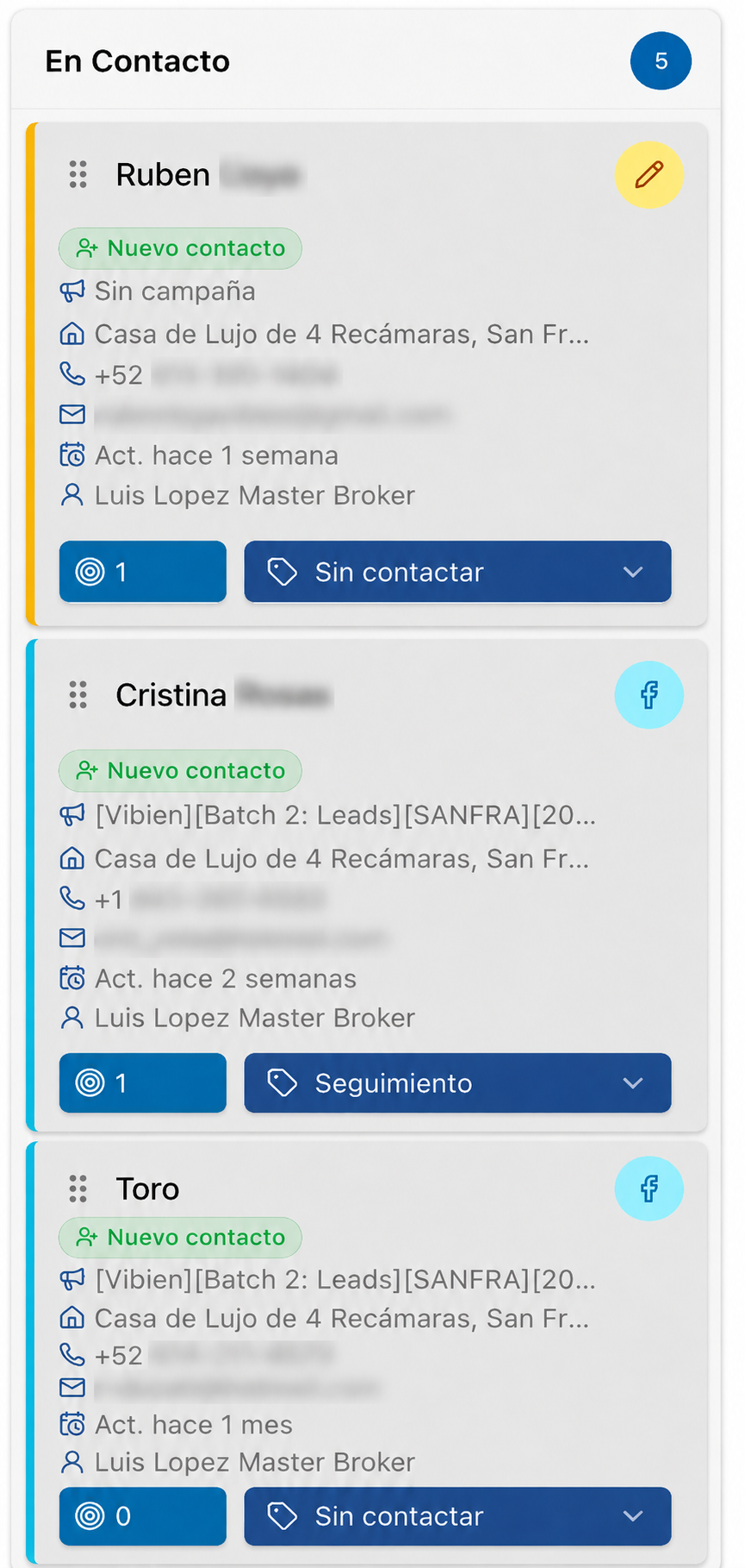 Columna En contacto del CRM de MasterBroker con las oportunidades ya contactadas, su origen y su siguiente paso.