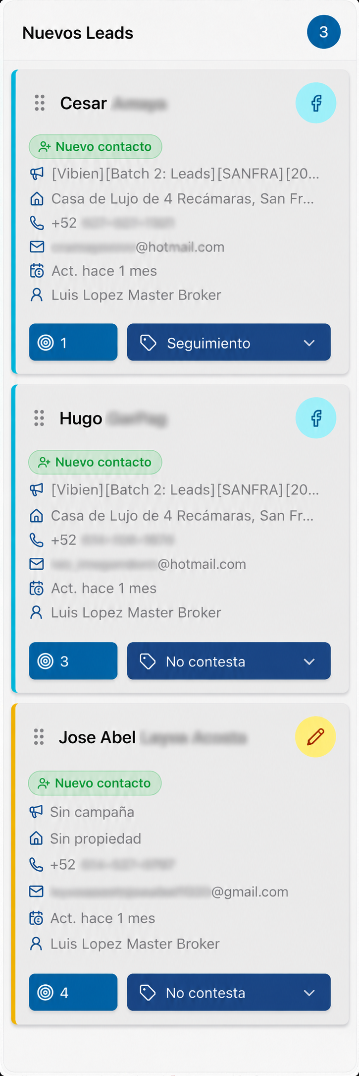 Columna Nuevos Leads del CRM de MasterBroker con las oportunidades recién entradas, su origen y su siguiente paso.